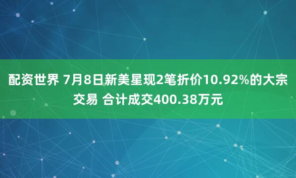 配资世界 7月8日新美星现2笔折价10.92%的大宗交易 合计成交400.38万元